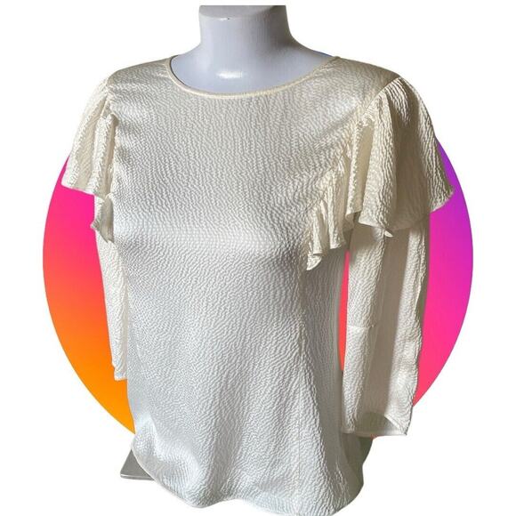 REBECCA TAYLOR Pebbled Silk Woman 3/4 SLEEVE RUFFLE VANILLA Ivory BLOUSE 0 XS 2 - Picture 1 of 9